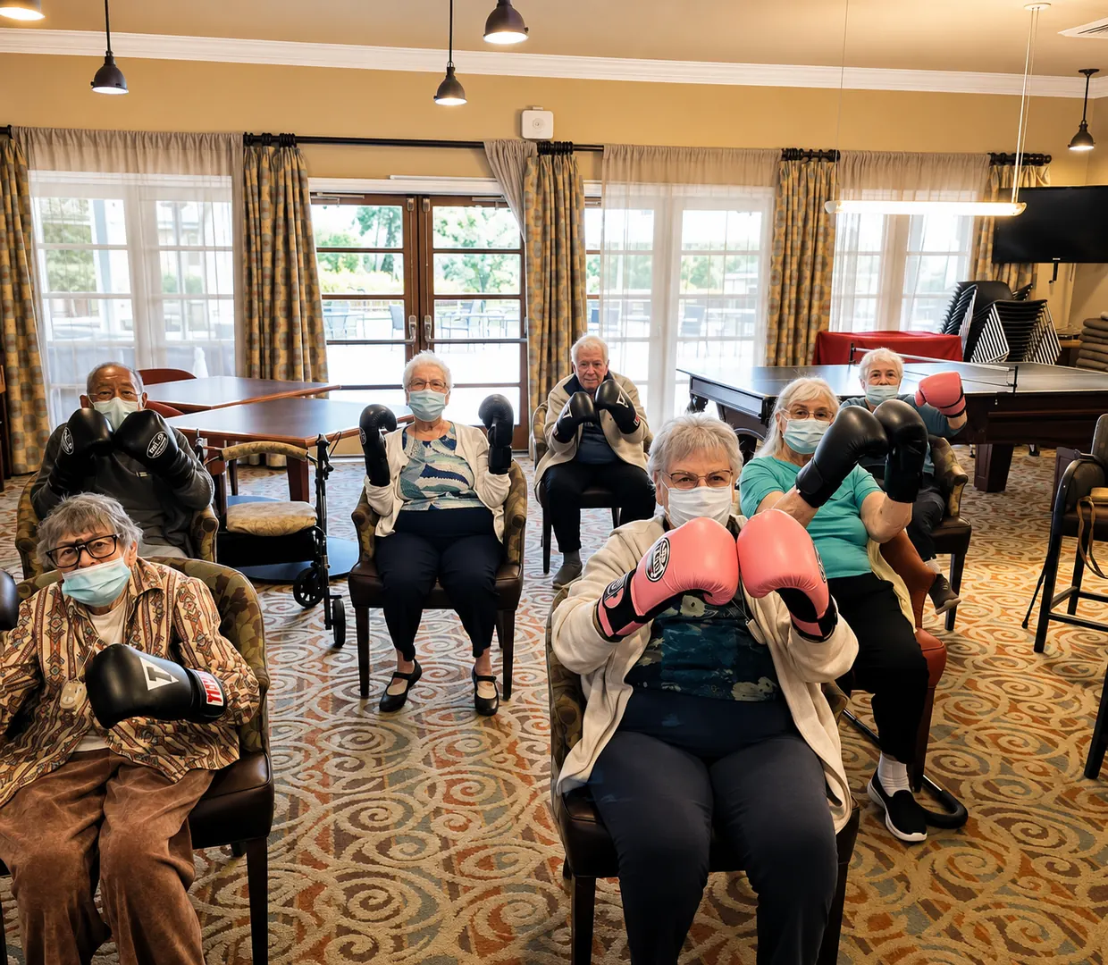 A group of assisted living residents seated in armchairs with boxing gloves raised during a Boxing for Balance class in their community room