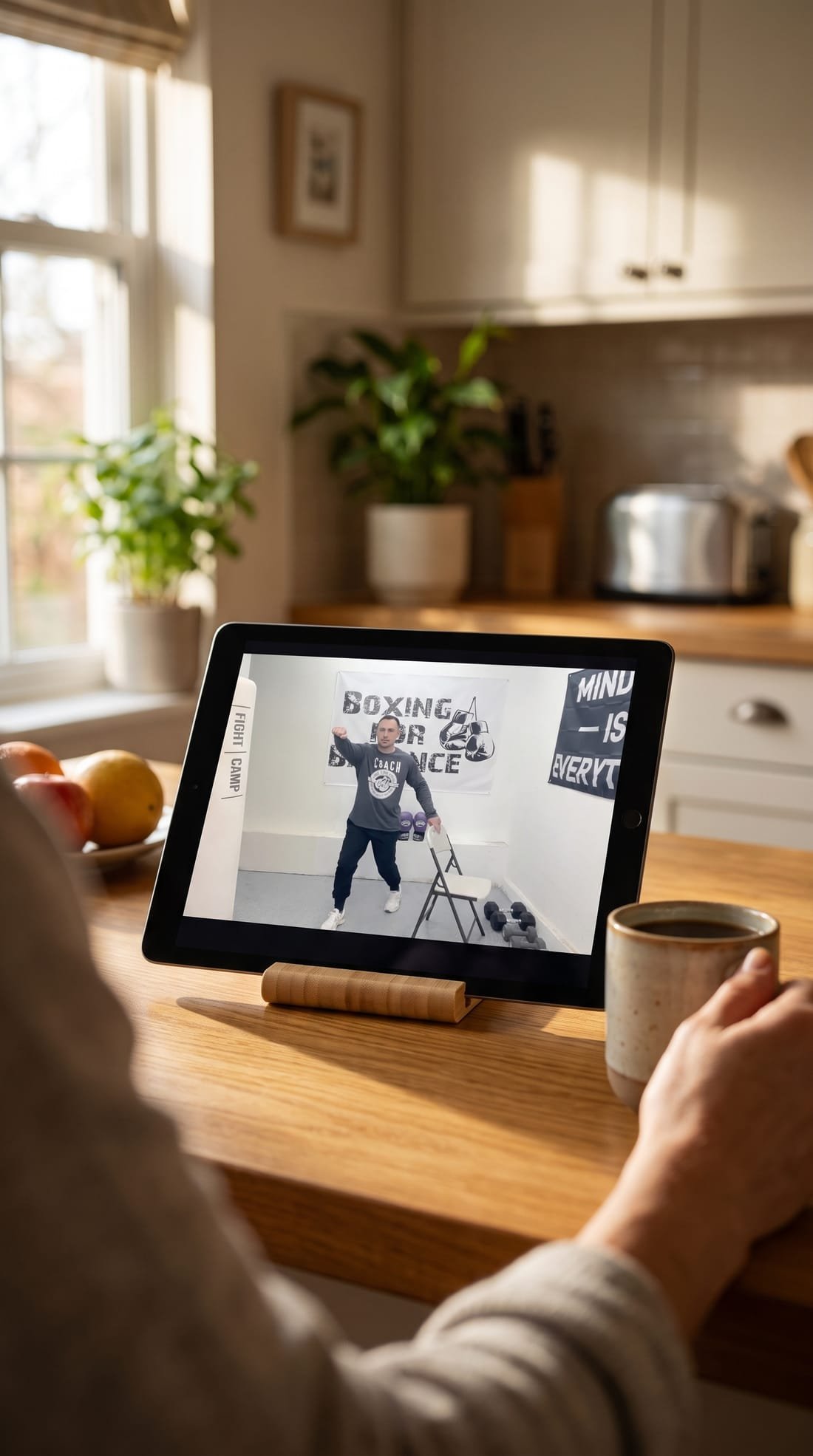 A Boxing for Balance workout video playing on a tablet in a home kitchen