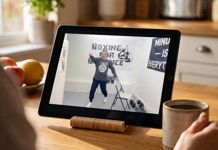 A Boxing for Balance instruction video playing on a tablet at home