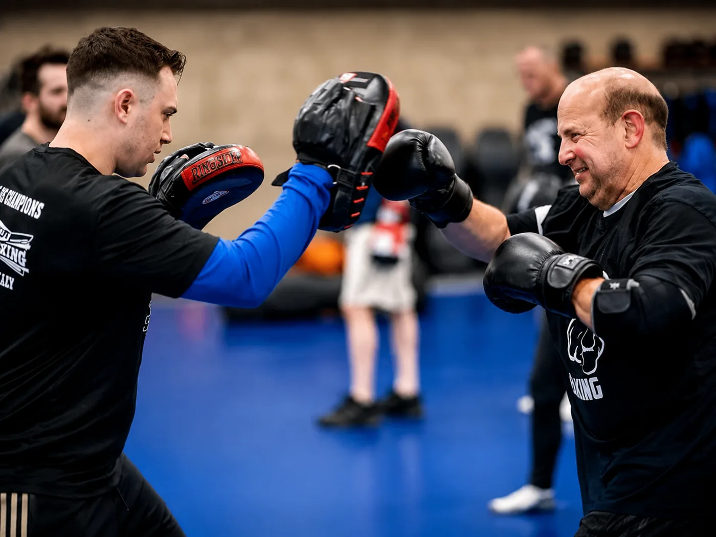 Coach holding focus mitts while a member throws a punch during a Rock Steady Boxing class